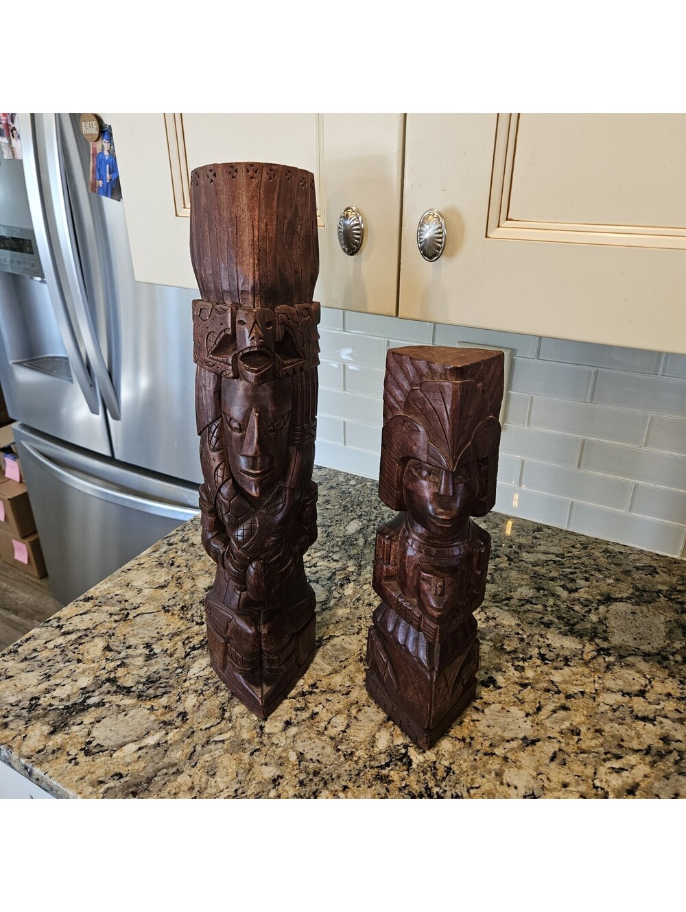 Aztec Mayan Folk Art Hand Carved Wooen Totems Set Of  20" & 14.5 "